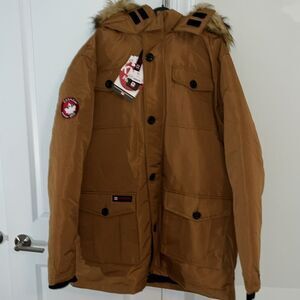New Carhartt color Canada Weathergear Puffy Fake Fur Trim Hooded Parka Jacket XL